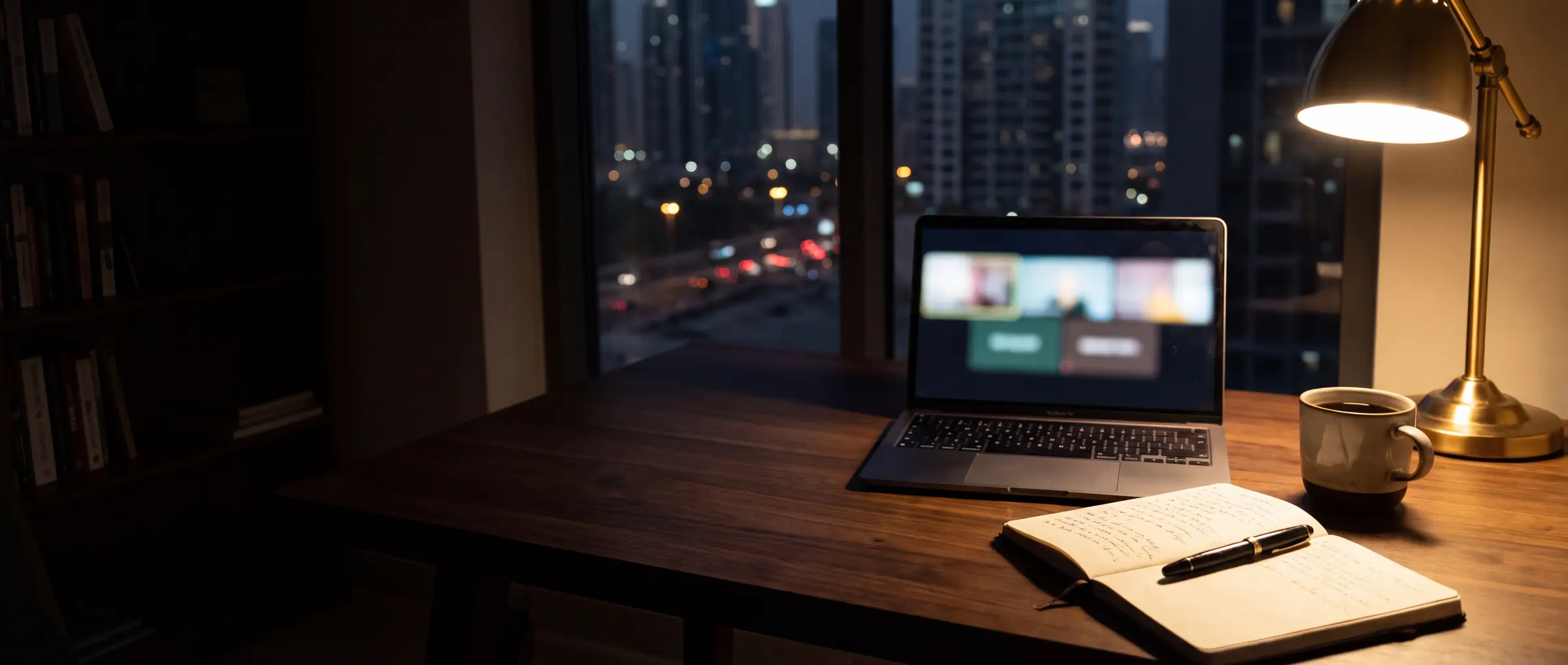 A laptop on a desk at night showing a group video call, city towers through the window